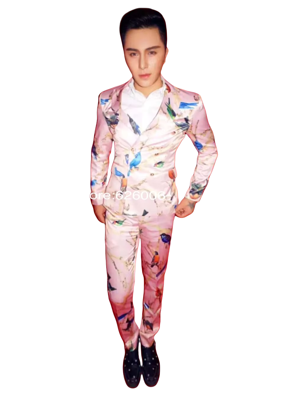 Men Formal Party Wear Dress - Erkek Moda Çiçek Pembe Kuşlar Baskı
