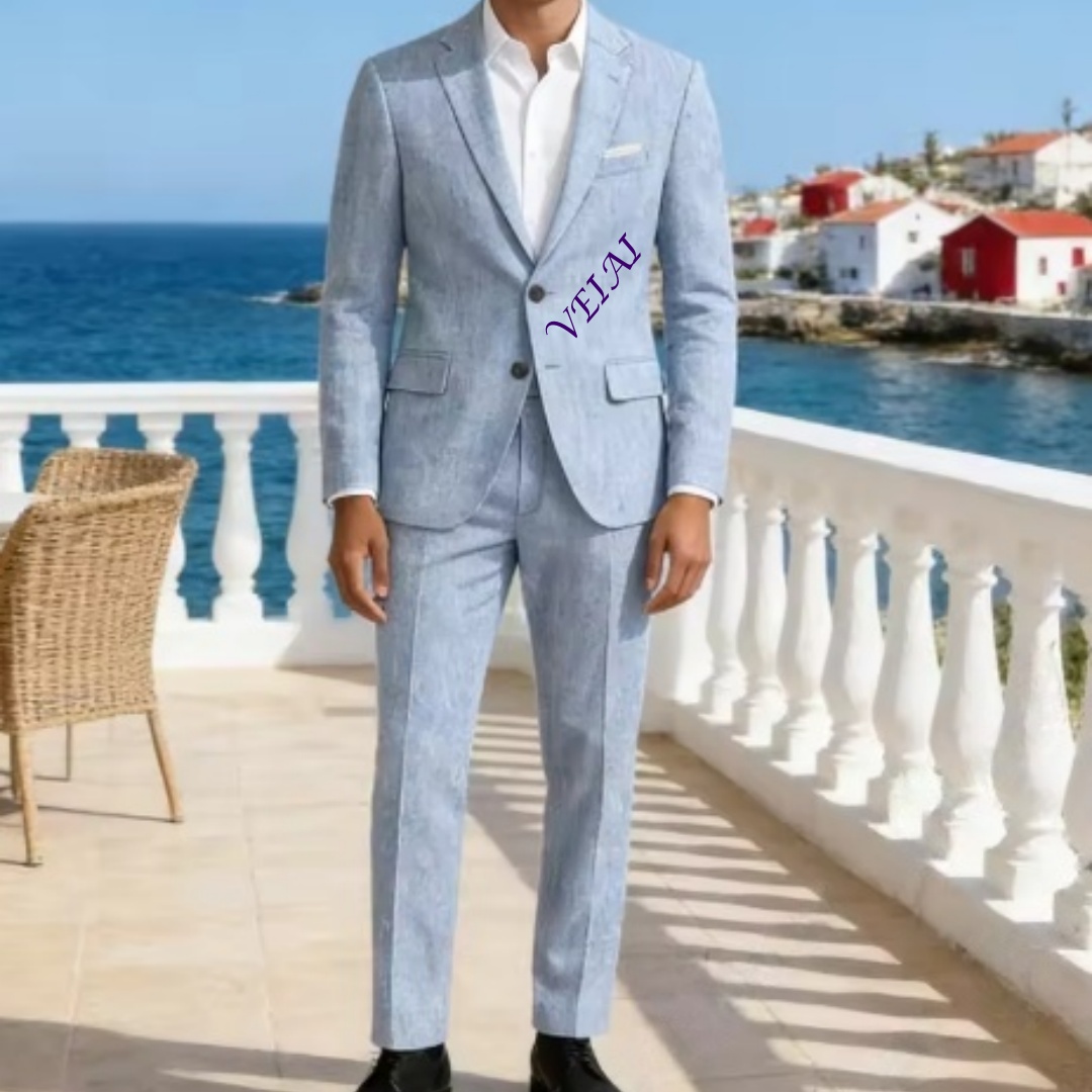 Men'S Formal Beach Wear - Kişiye Özel Yumuşak Gökyüzü Mavisi Keten